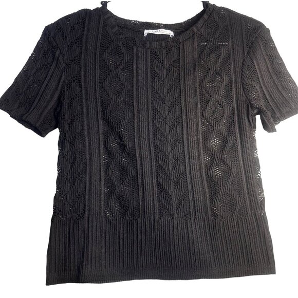 Zara Black Lace Knit Short-Sleeve Womens Top Size S Ribbed Hem Elegant Design - Picture 13 of 16